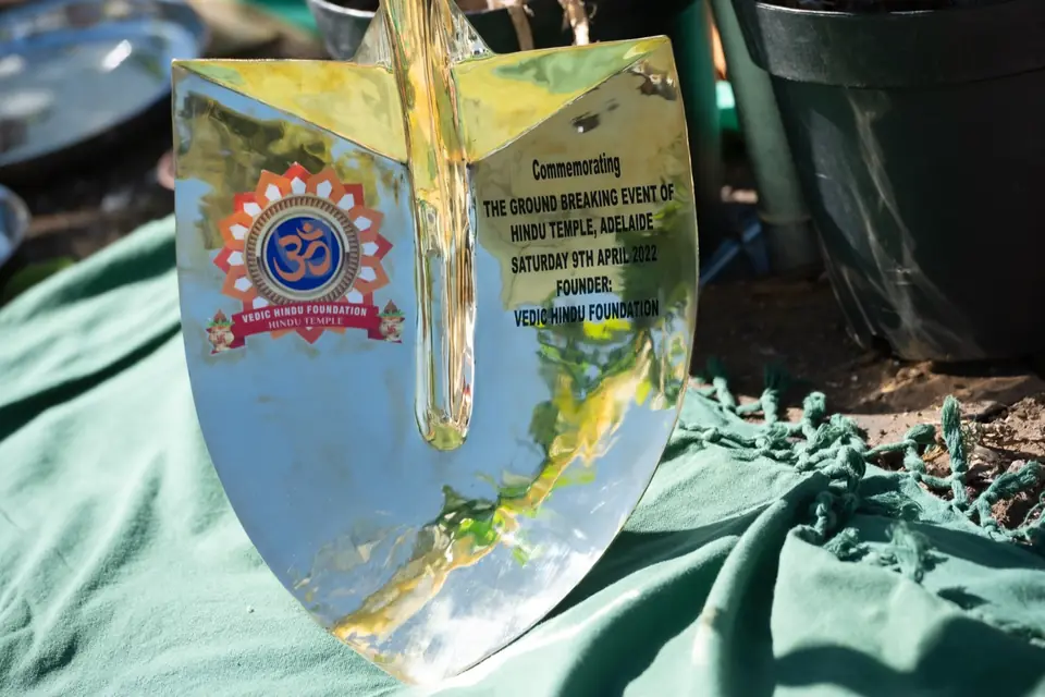 The brass ceremonial shovel engraved for the ground breaking of the Hindu Temple, Adelaide, on 9 April 2022